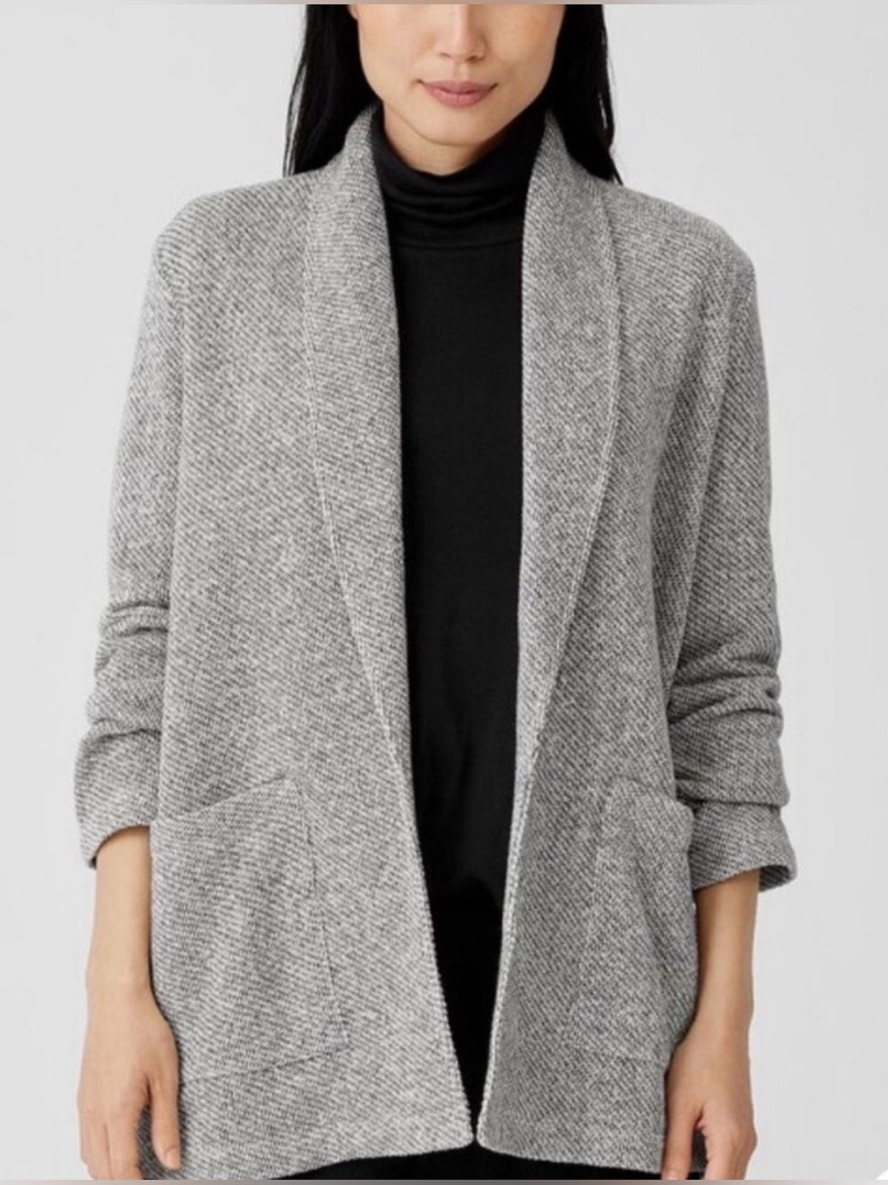 Eileen Fisher Organic Cotton Shawl Collar Open Front Cardigan Black & White